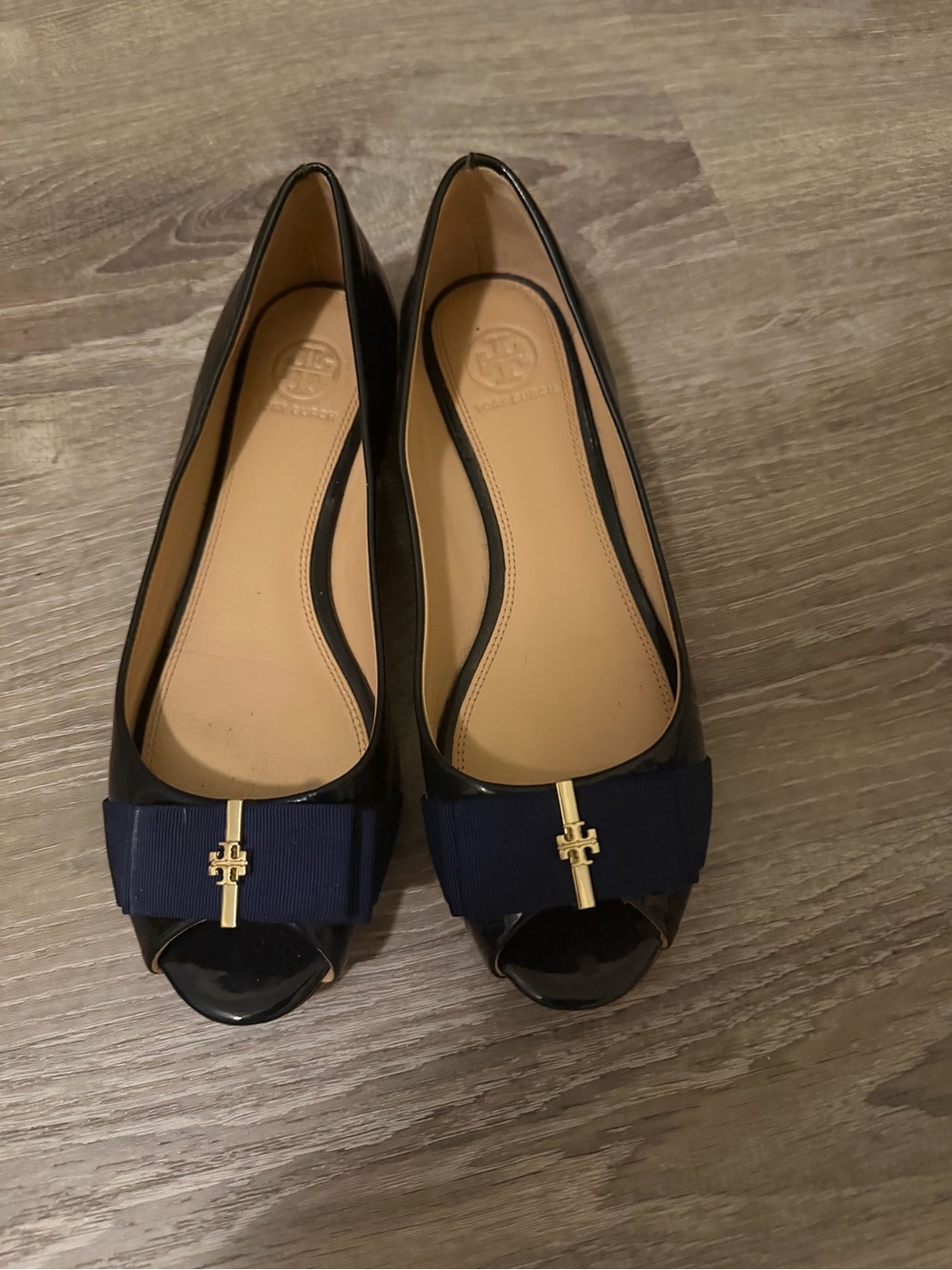 Tory Burch Navy Patent Peep-Toe Flats with Gold Logo Bow